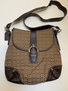 Vintage Coach Brown Logo Fabric and Leather Trim Crossbody Bag